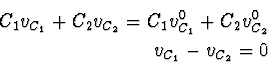 \begin{eqnarray}
\html{eqn59}C_1 {v}_{C_1} + C_2 {v}_{C_2} = C_1 {v}_{C_1}^0 + C_2 {v}_{C_2}^0 \\ v_{C_1} - v_{C_2} = 0\end{eqnarray}