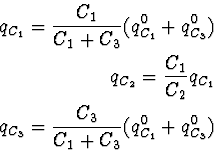 \begin{eqnarray}
\html{eqn85}q_{C_1} = \frac{C_1}{C_1 + C_3}(q_{C_1}^0 + q_{C_3}...
 ... q_{C_1} \\ q_{C_3} = \frac{C_3}{C_1 + C_3}(q_{C_1}^0 + q_{C_3}^0)\end{eqnarray}