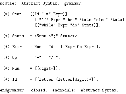 \begin{ttfamily}
\centerline{
\begin{tabular}{l} module: Abstract Syntax. gramma...
... endgrammar. closed. endmodule: Abstract
Syntax. \end{tabular} } \end{ttfamily}