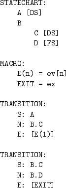 \begin{table}\begin{center}
\begin{minipage}{4cm}
\begin{verbatim}
STATECHART:...
...: B.C
N: B.D
E: [EXIT]\end{verbatim}
\end{minipage} \end{center}
\end{table}