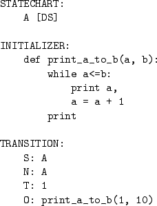 \begin{table}\begin{center}
\begin{minipage}{4.5cm}
\begin{verbatim}
STATECHAR...
...
O: print_a_to_b(1, 10)\end{verbatim}
\end{minipage} \end{center}
\end{table}